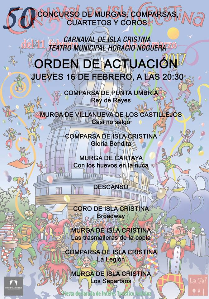 Orden de actuación jueves 16 preliminares concurso de agrupaciones carnaval de Isla Cristina
