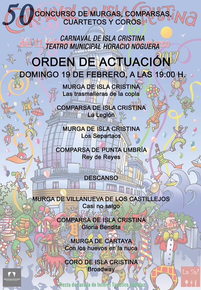 Orden de actuación ´Domingo 19 preliminares concurso Carnaval de Isla Cristina