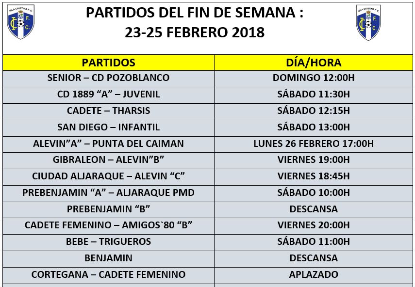 Agenda Fin de Semana equipos Isla Cristina FC
